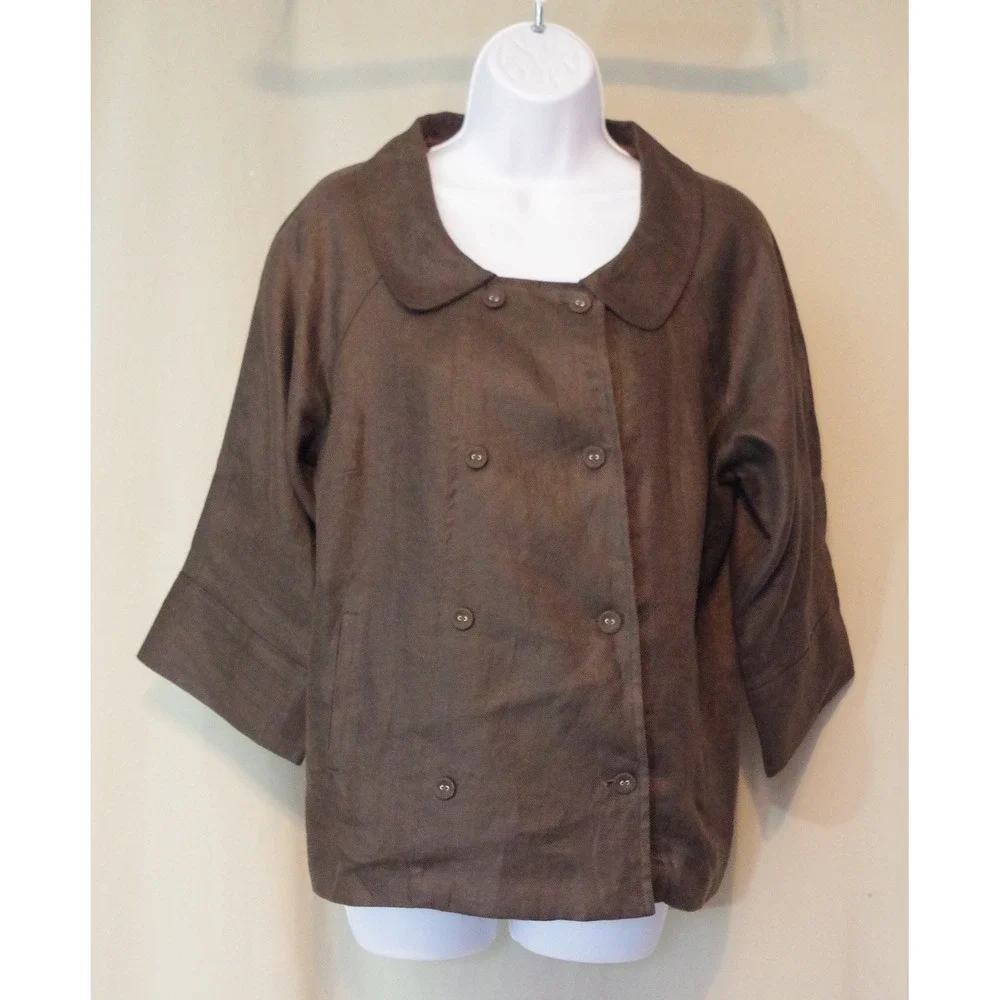 Tweeds Woman's XL Brown 100% Linen Double Breasted Jacket Peter Pan Collar